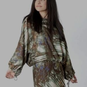 bryn walker Olive Green and Brown Printed Blouson Top